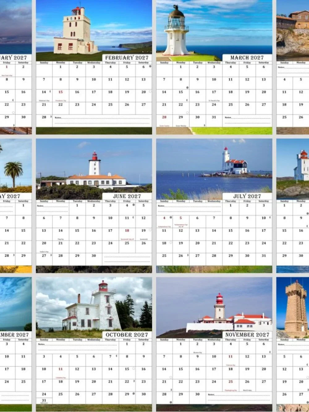 2027-12 Months Desk Calendar Desktop Planner with To-Do List (Lighthouses)